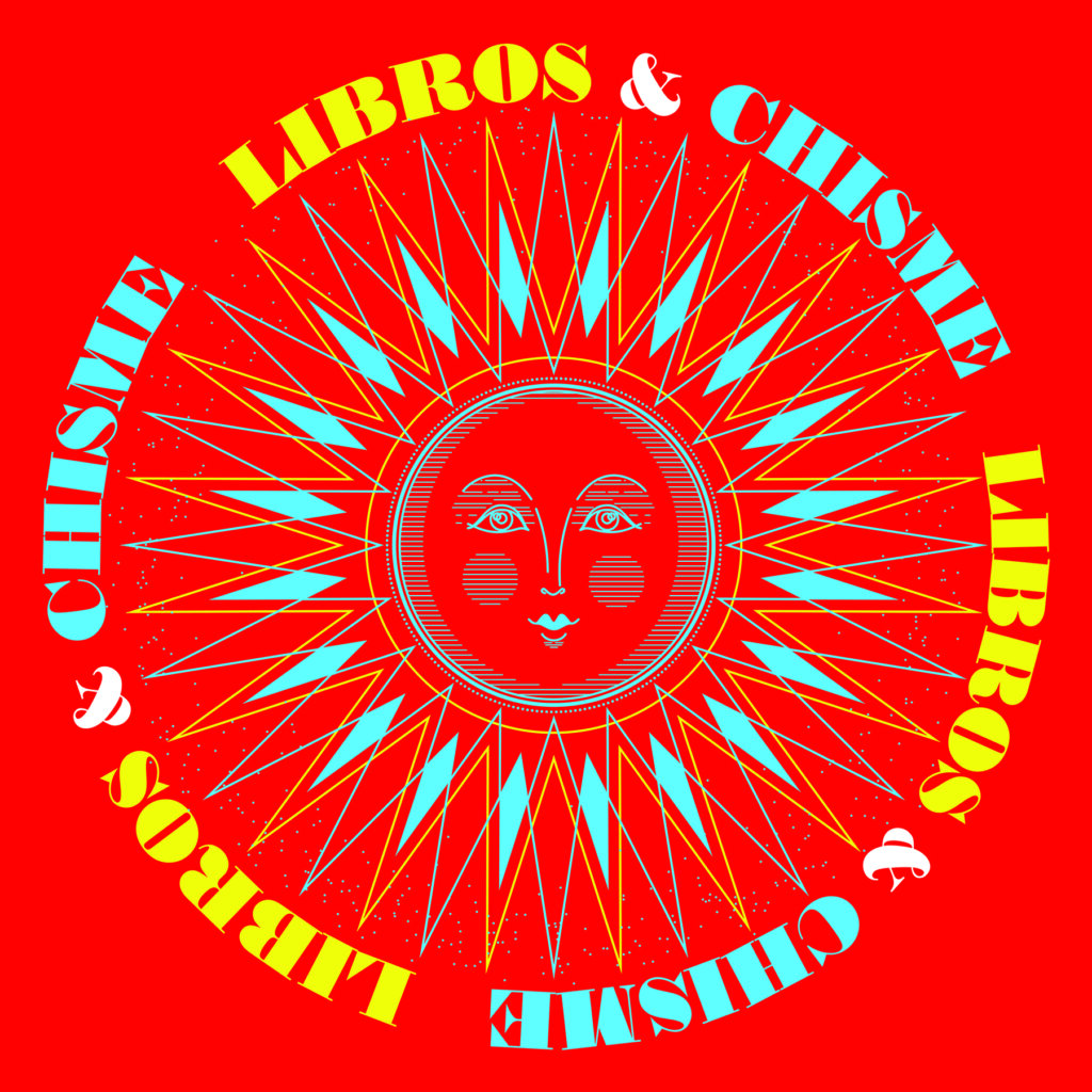 Libros & Chisme written three times around a sun design.