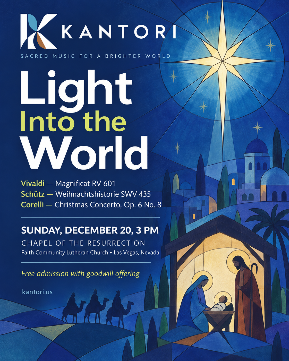 Illustrated poster for a sacred music concert, featuring stained-glass styled art of a cityscape with church, star, and figures. Event details and composers are listed. Blue and gold tones dominate the design.