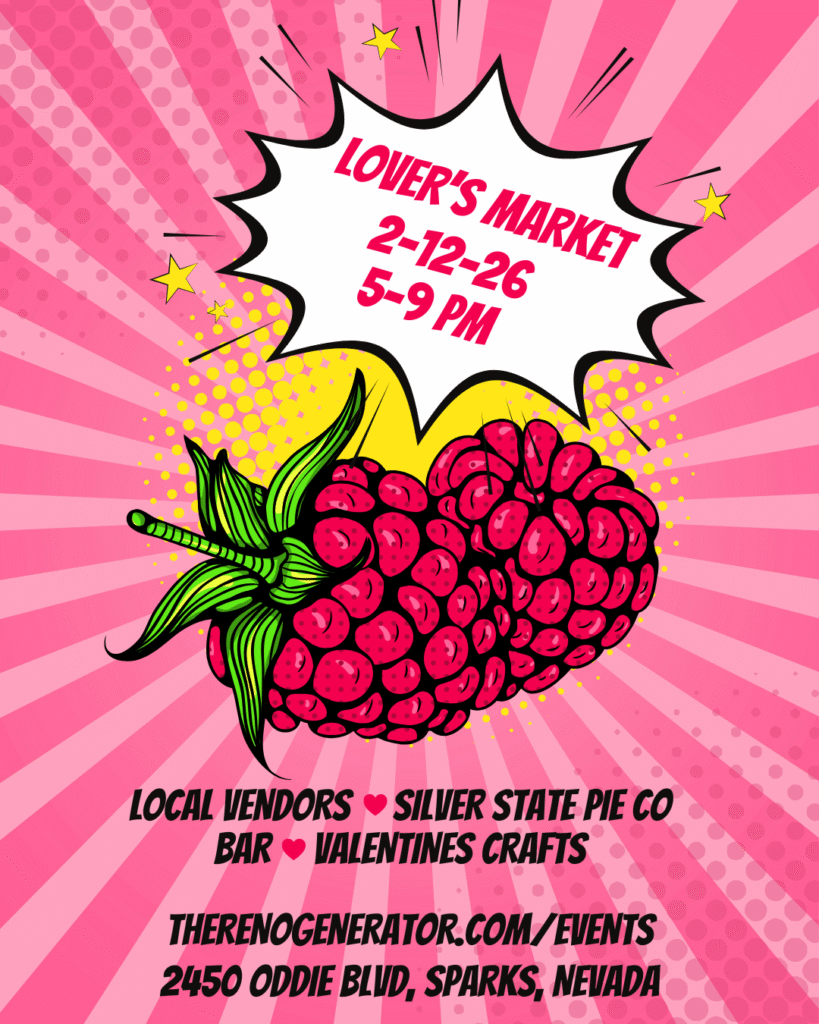 A bright-pink, comic-style poster advertising the Lover's Market featuring two raspberries