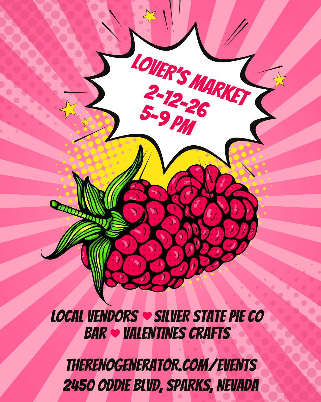 A bright-pink, comic-style poster advertising the Lover's Market featuring two raspberries