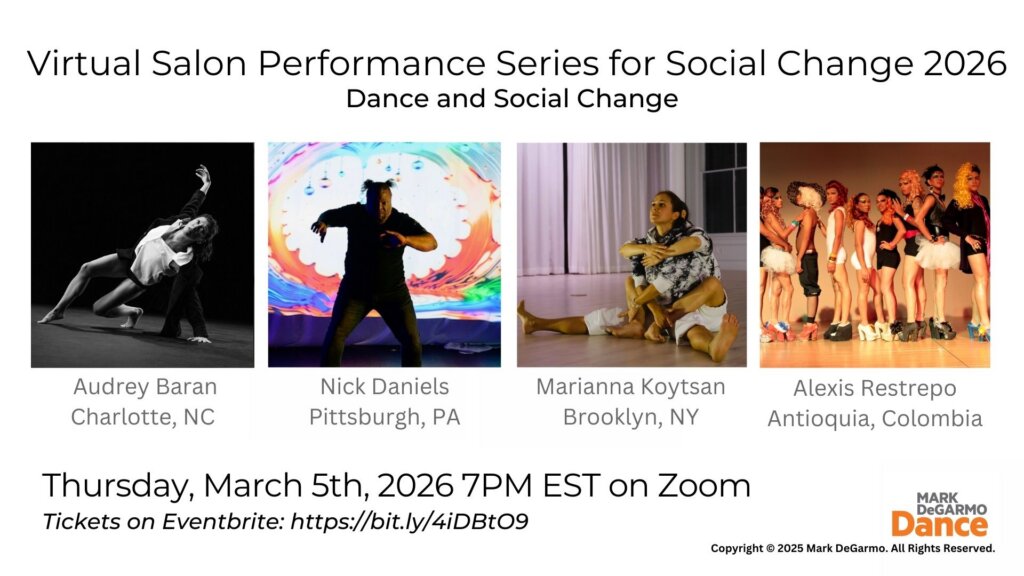 White flyer about Virtual Salon Performance featuring 4 images representing each selected artists' work, including a dancer in white on a dark background, a dancer's silhouette in front of a bright background, two dancers embraced on a floor, and a group photo of 8 female dancers onstage