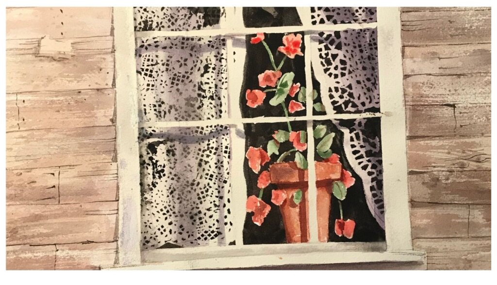 watercolor of plant behind a window with lace curtains