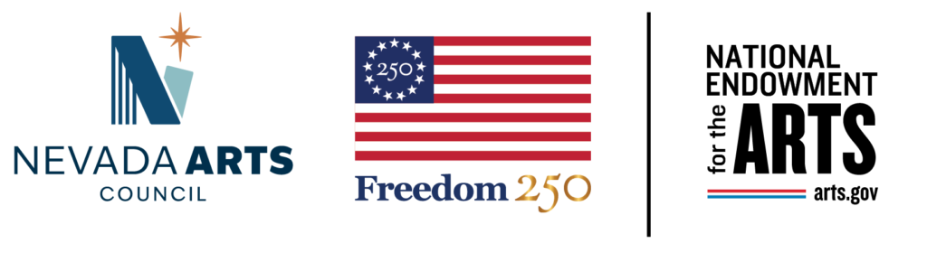 Nevada Arts Council logo, a stylized blue N with a star, Freedom 250 flag logo with 250 in the stars, and National Endowment for the Arts logo in black, all on a light background.