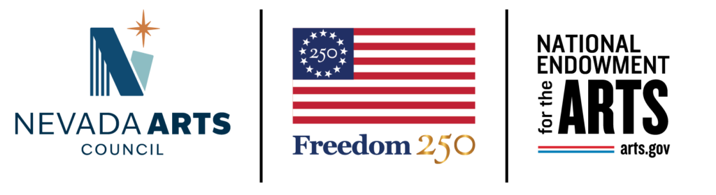 Nevada Arts Council logo, a stylized N with a starburst; a Freedom 250 U.S. flag; and the National Endowment for the Arts logo with a red and blue underline.
