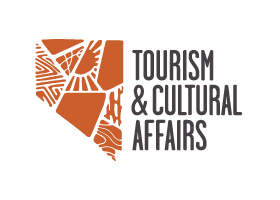 Logo for Tourism & Cultural Affairs featuring an abstract, orange graphic of the state of Nevada with geometric patterns, next to the text Tourism & Cultural Affairs in bold, uppercase letters.