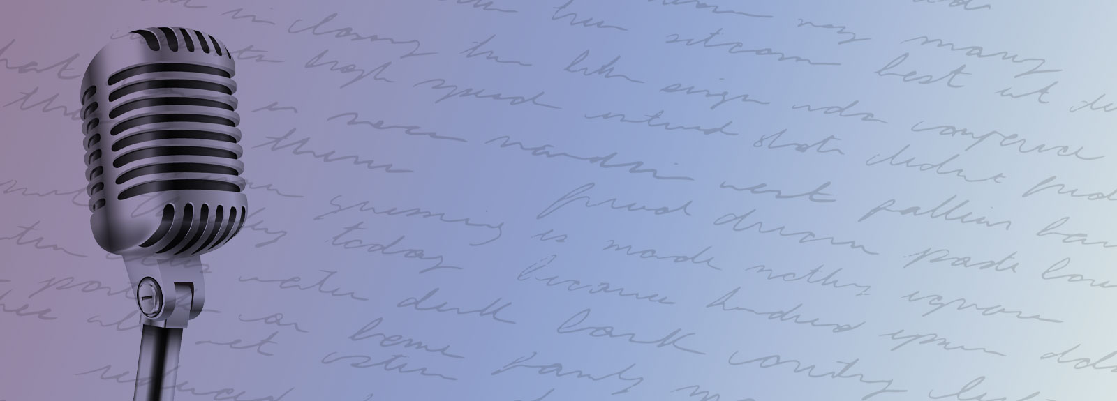 Old school microphone on a purple-bluish background with script