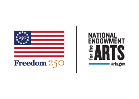 Logo with an American flag labeled Freedom 250 on the left, and National Endowment for the Arts, arts.gov on the right, separated by a vertical line.