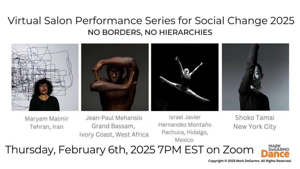 Virtual Salon Performance Series for Social Change 2025 event flyer with portraits of four featured artists: Maryam Malmir, Jean-Paul Mehansio, Israel Javier Hernandez Montaño, and Shoko Tamai. Event is on Feb 6, 2025, 7PM EST on Zoom.