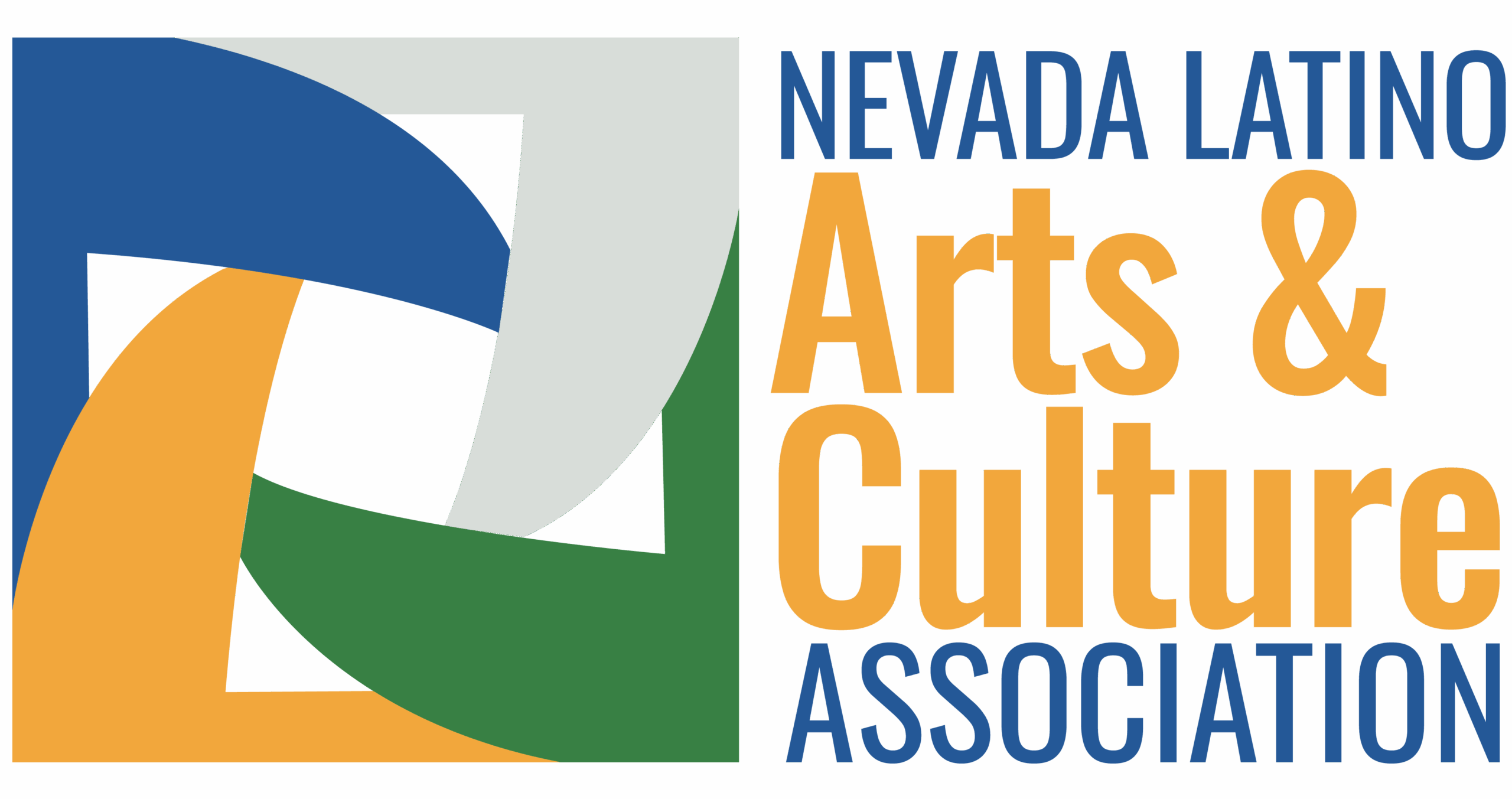 Logo for the Nevada Latino Arts & Culture Association featuring interlocking shapes in blue, white, orange, and green, with the organizations name in blue and orange text on the right.
