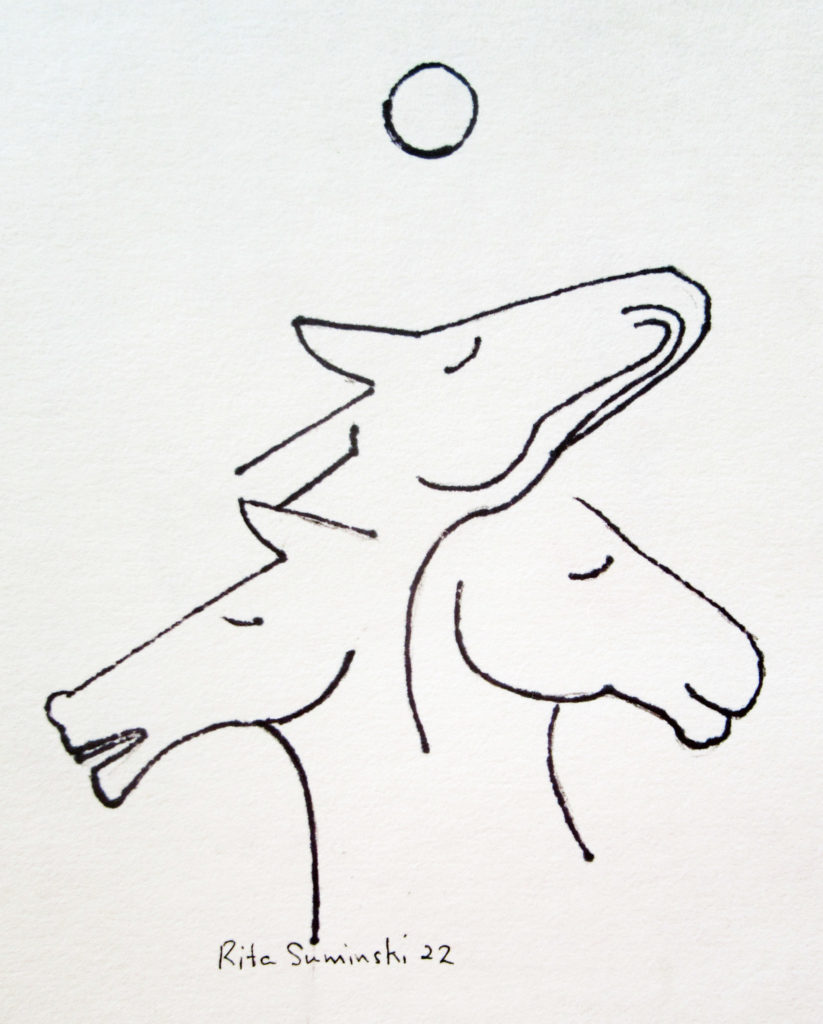 Minimalist line drawing of three horse heads stacked and overlapping, all facing different directions with calm expressions. A small circle is above them, and “Rita Suminshi 22” is written at the bottom.