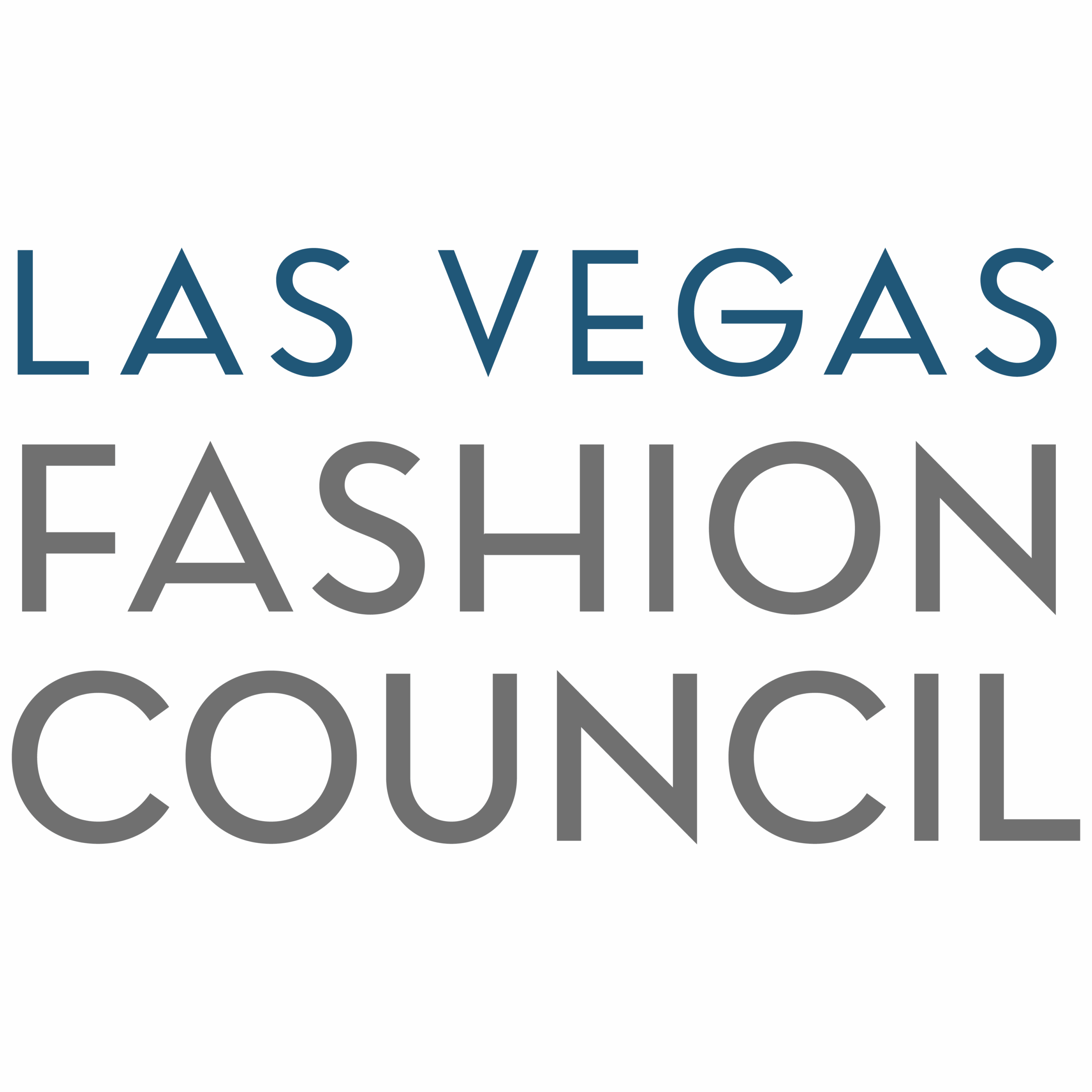 Text logo reading Las Vegas Fashion Council with Las Vegas in blue uppercase letters and Fashion Council in larger gray uppercase letters, all on a white background.