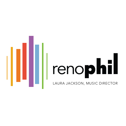 Logo for Reno Philharmonic featuring colorful vertical bars of varying heights on the left and the words renophil in bold, with LAURA JACKSON, MUSIC DIRECTOR underneath in smaller font.