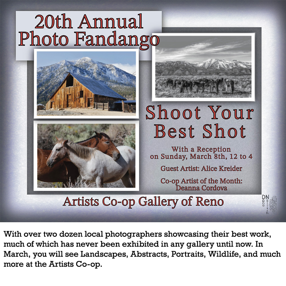 Grey poster for event featuring red text with details, a photograph of a wooden barn in front of a mountain, a black and white landscape of a herd of horses, and a photograph of a white and brown horse embraced in a green pasture.