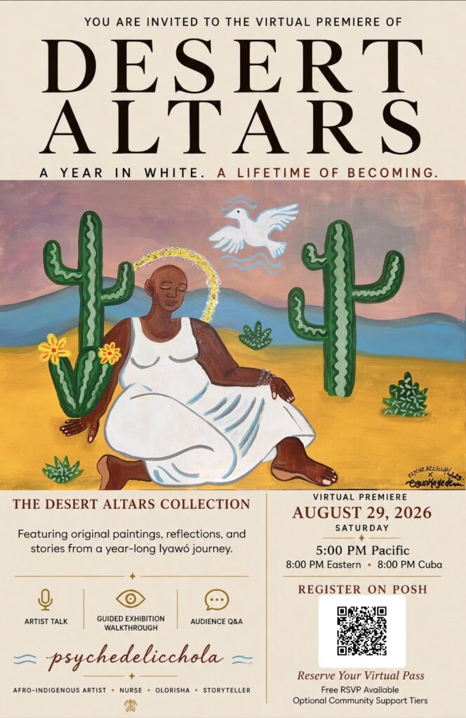 A poster for the virtual premiere of Desert Altars depicts a serene woman in white meditating under a tree with yellow leaves in a desert landscape. Event details, date, and registration information are included below the illustration.