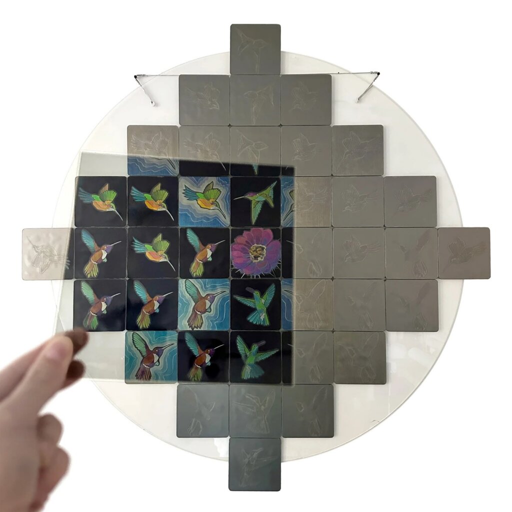 Polage art example on white background featuring images of hummingbirds.