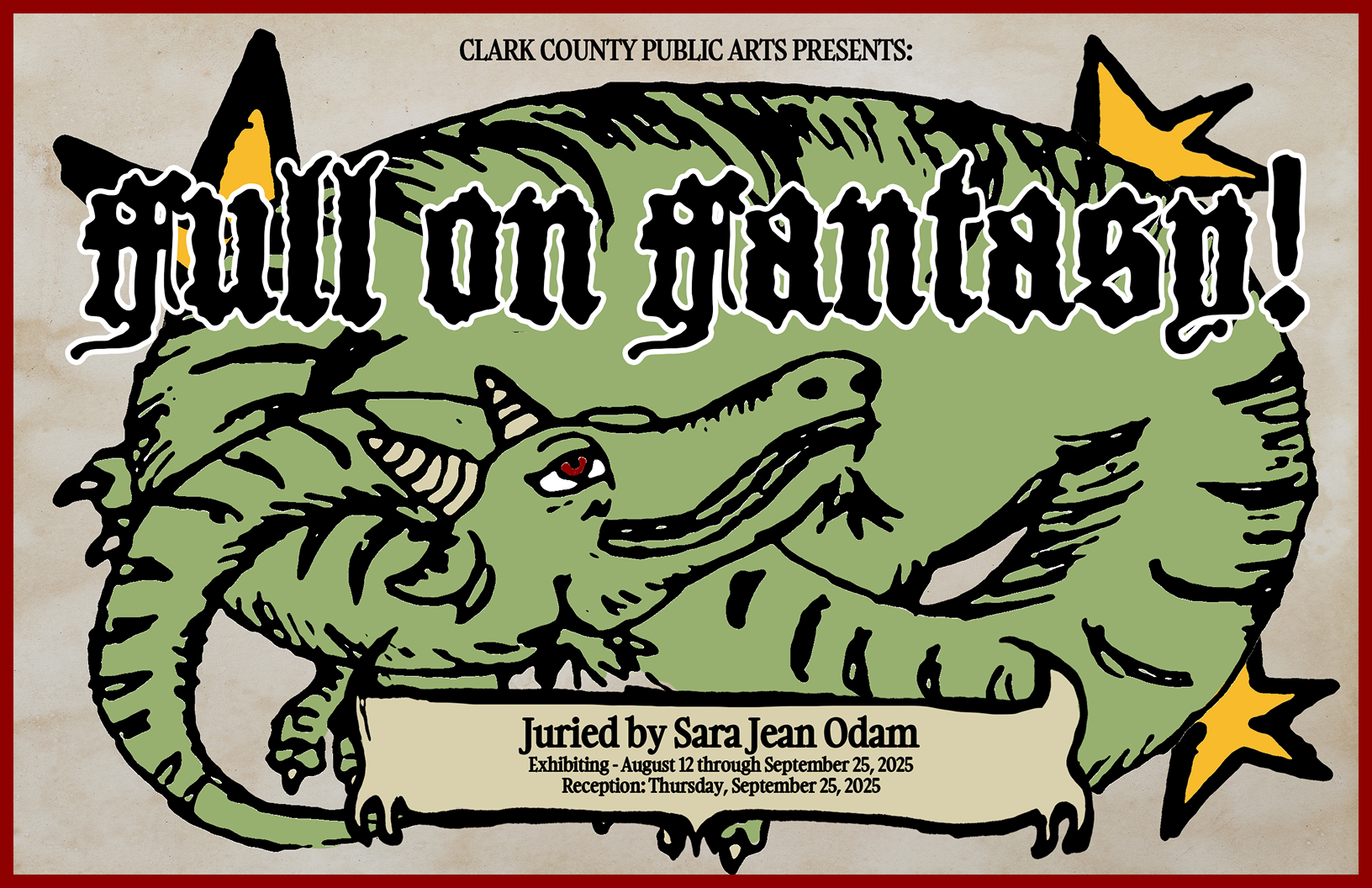 Dive into a world of fantasy and magic with Full on Fantasy! presented by Clark County Public Arts front of postcard with an illustrative dragon.
