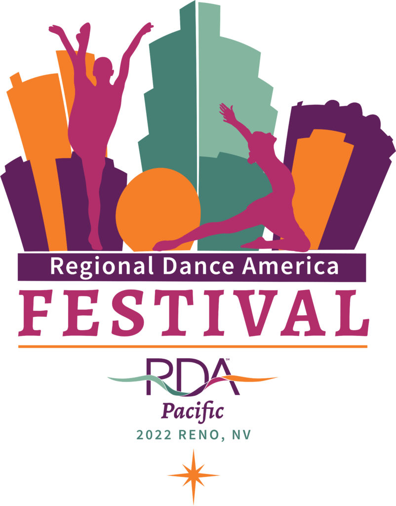 Logo for the Regional Dance America Pacific Festival 2022 in Reno, NV, featuring silhouettes of dancers in dynamic poses against a colorful cityscape background.