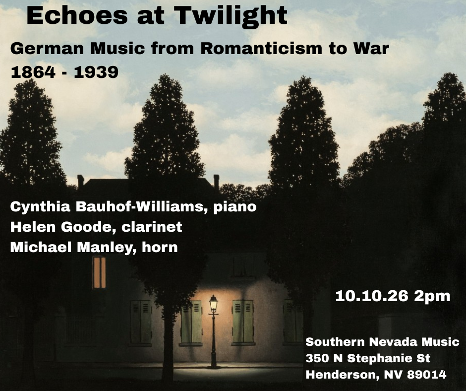 Concert poster with a twilight scene of tall trees and a building. Text promotes Echoes at Twilight, a performance of German music from 1864–1939, with performers and event details listed in white on the image.