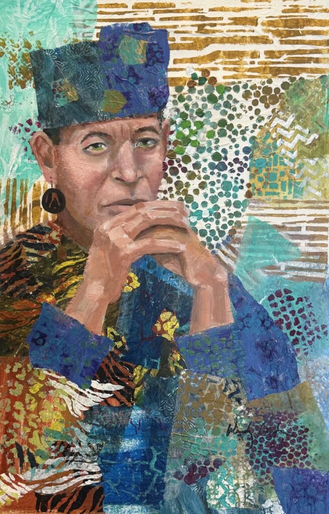 A portrait of a person with green eyes, wearing a dark blue cap and matching shirt, with hands clasped in front of their face against a background of textured patterns and mixed media.