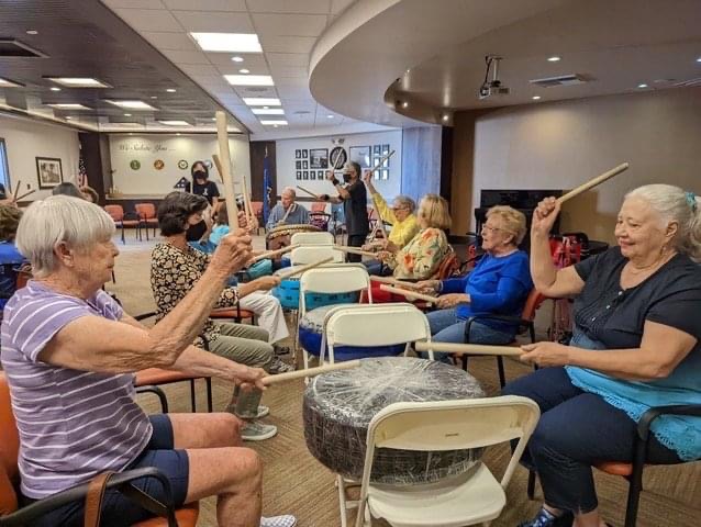 Rieko Shimbo teaches a Creative Aging class about Japanese drumming.