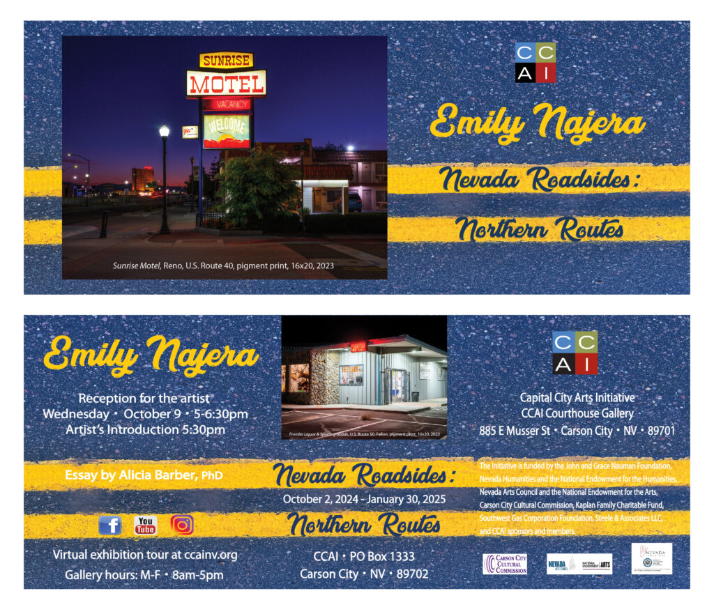 An exhibition announcement for Nevada Roadsides: Northern Routes by Emily Najera features two photos of motels at night, event details, and Capital City Arts Initiative (CCAI) logos on a starry blue and yellow background.