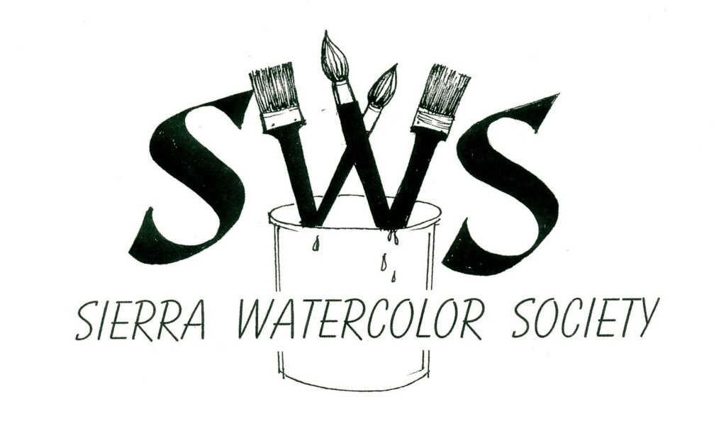 Sierra watercolor society logo with a can of paint brushes arranged to look like the "w" in "SWS"