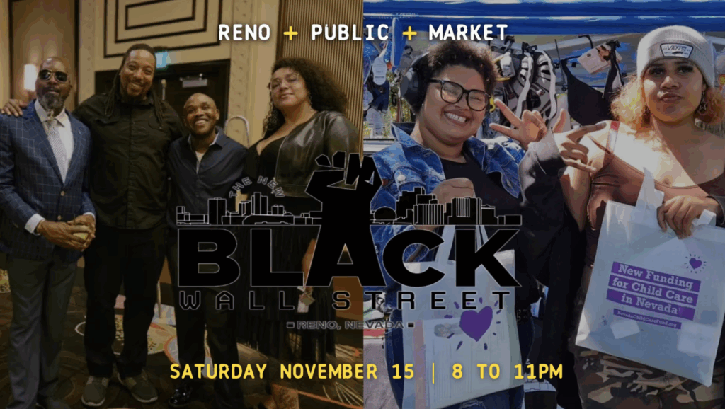 People posing and holding signs with text: Black Wall Street. Then, details about the event.