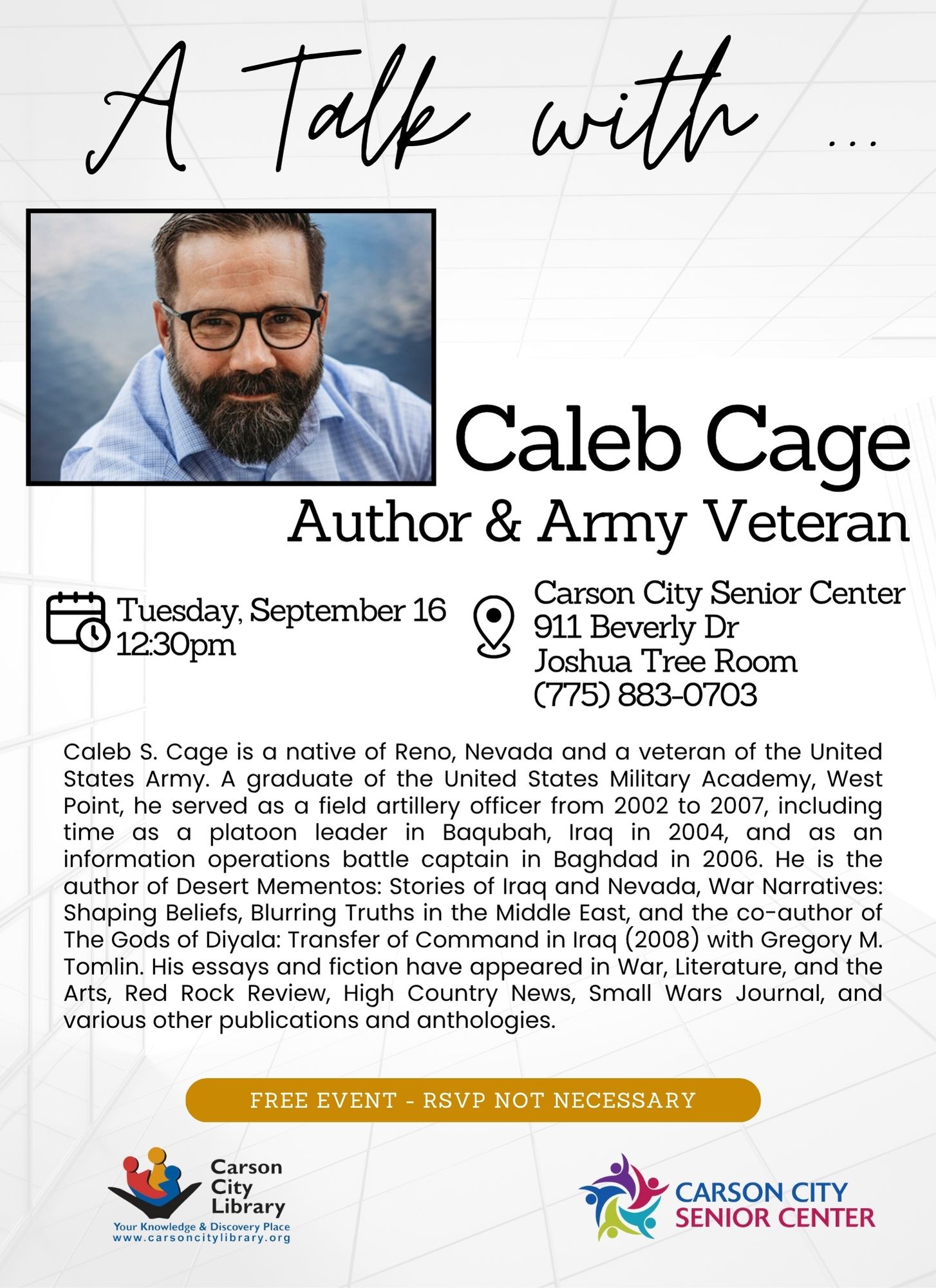 A Talk with Caleb Cage: Author & Army Veteran event flyer