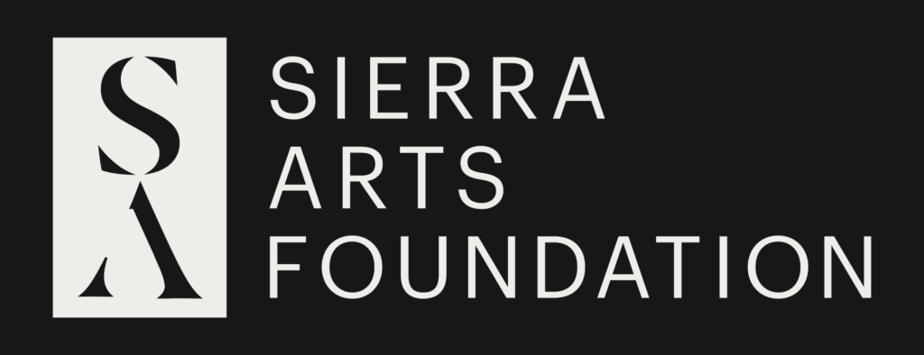 White text on a black background reads SIERRA ARTS FOUNDATION. To the left, a white rectangle contains large, stylized overlapping letters S, A, and F.