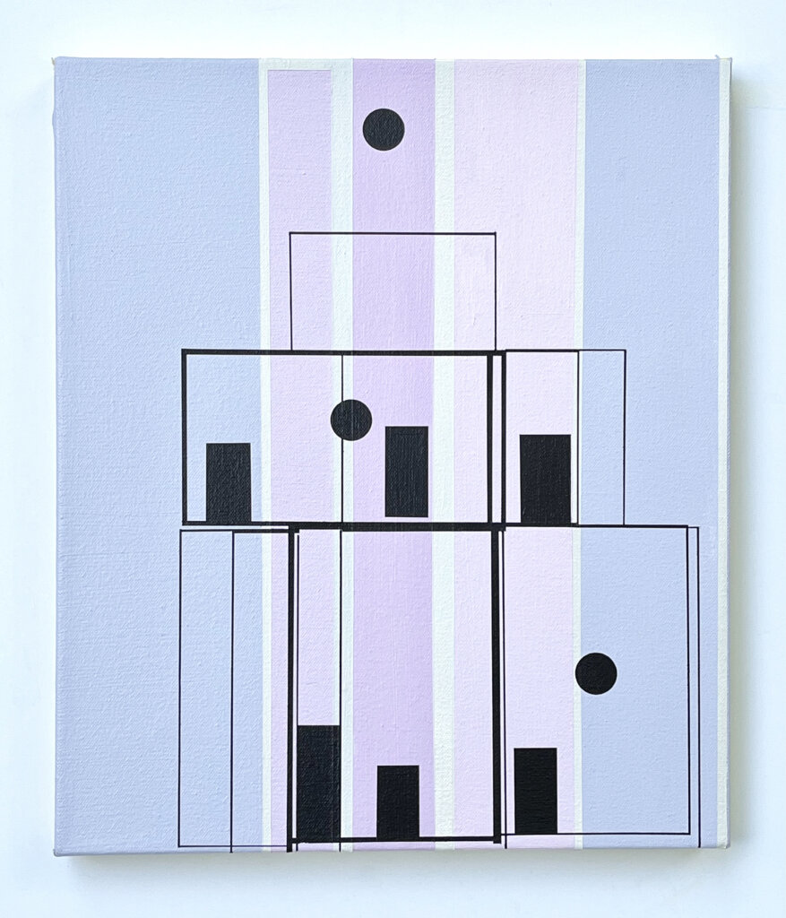 Bryce Speed: Chip Off the Old Block artwork: gradients of purple blocks with block boxes and circles organized on top layer
