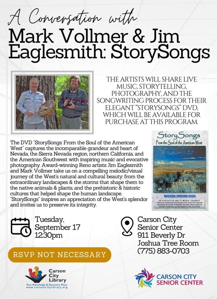 Event flyer for StorySongs featuring Mark Vollmer and Jim Eaglesmith. Includes details about their performance, DVD, and event info: Tuesday, September 17, 12:30pm at Carson City Senior Center, with two photos of the musicians.