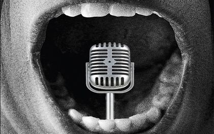 Black and white image of an open mouth with a old microphone coming out of the middle of the mouth