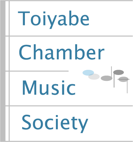 Logo for Toiyabe Chamber Music Society with the name in blue text and four oval shapes resembling musical notes to the right of the word Chamber.