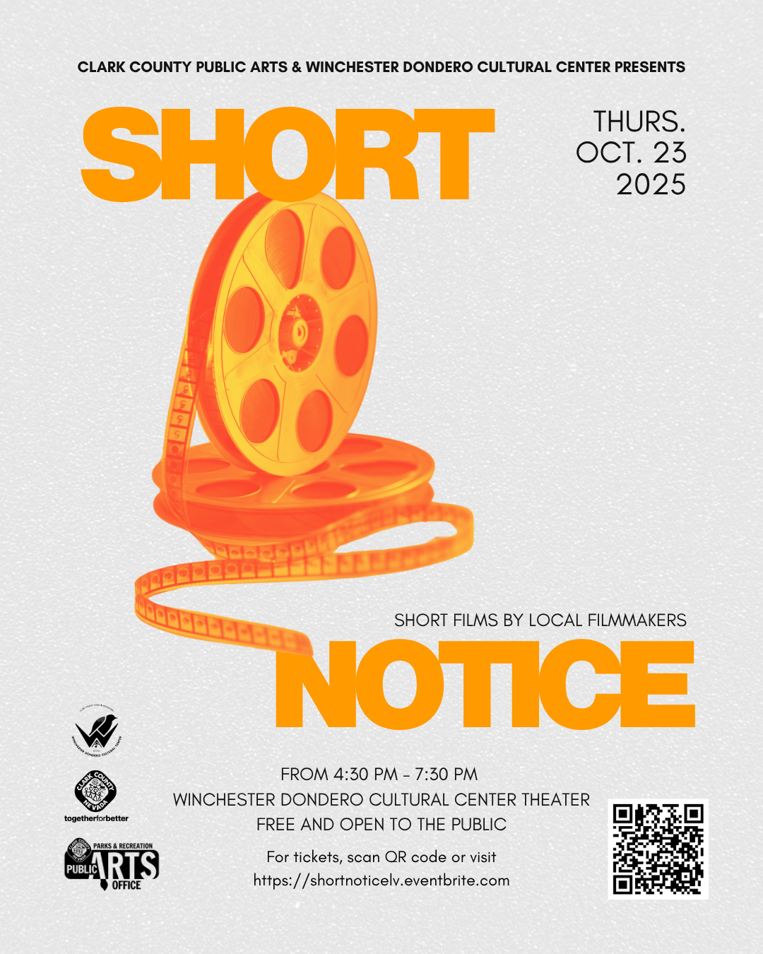 Clark County Public Arts Presents: SHORT NOTICE - Short Local Films event flyer