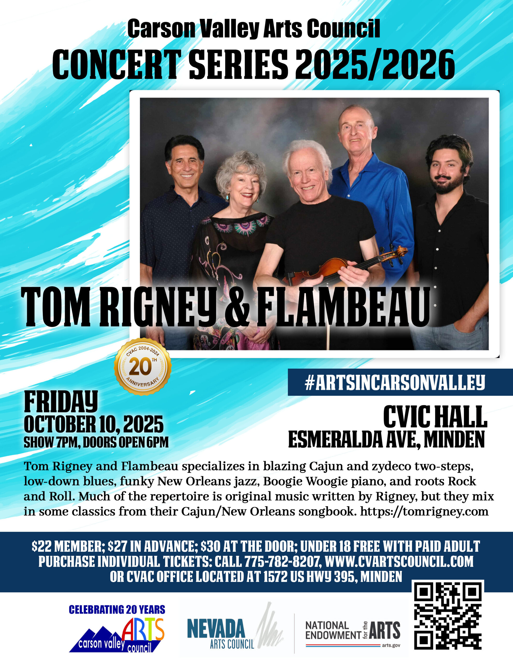 The first concert in CVAC’s 2025-2026 Concert Series will feature music from Tom Rigney and Flambeau on Friday, Oct. 10, 2025, at 7 p.m. at the CVIC Hall in Minden event flyer