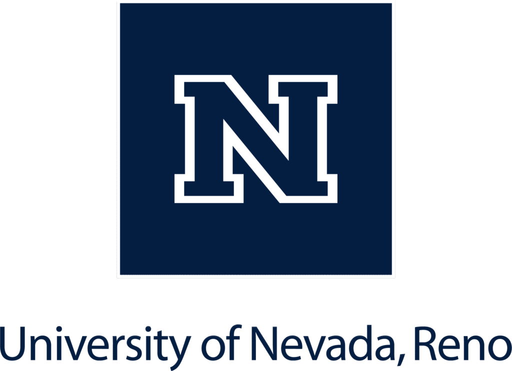 A dark blue square with a bold, white outlined letter N in the center. Below it, the text reads University of Nevada, Reno in dark blue letters on a light background.