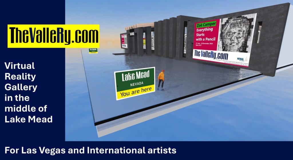 A virtual reality gallery platform floats on water labeled Lake Mead. A sign says You are here. Large digital billboards display art and TheValleRy.com logo. Text reads: Virtual Reality Gallery in the middle of Lake Mead.