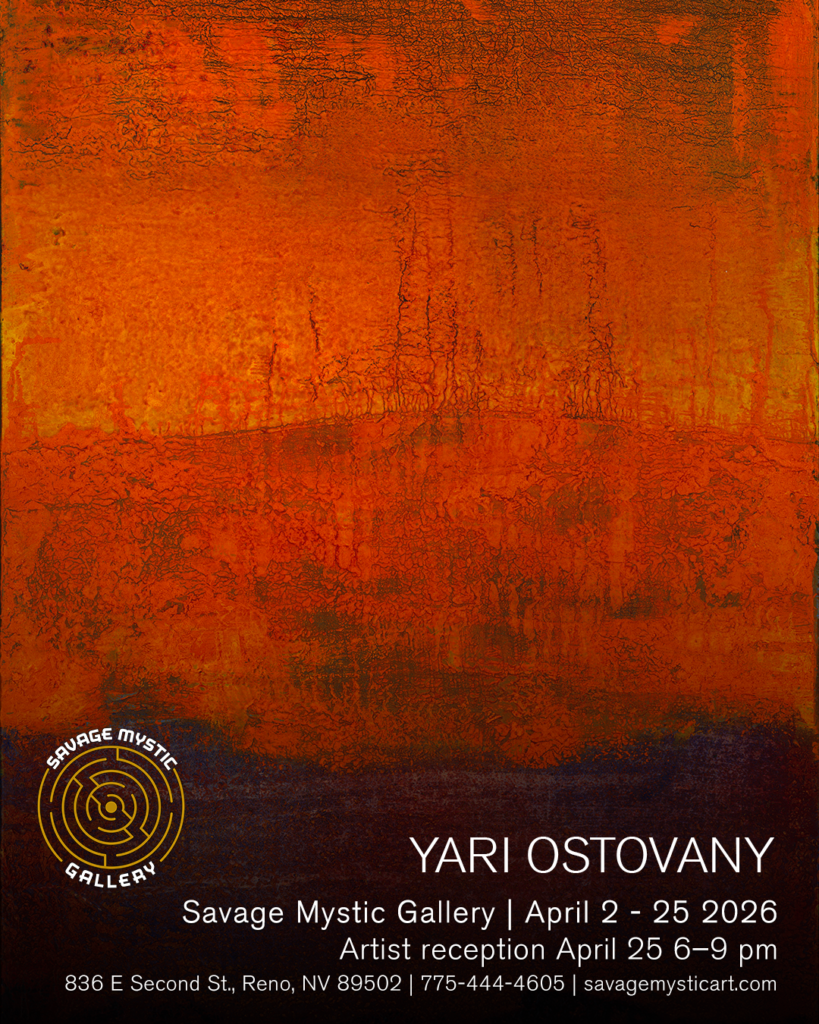 Yari Ostovany Poster featuring red and orange painting and gallery details