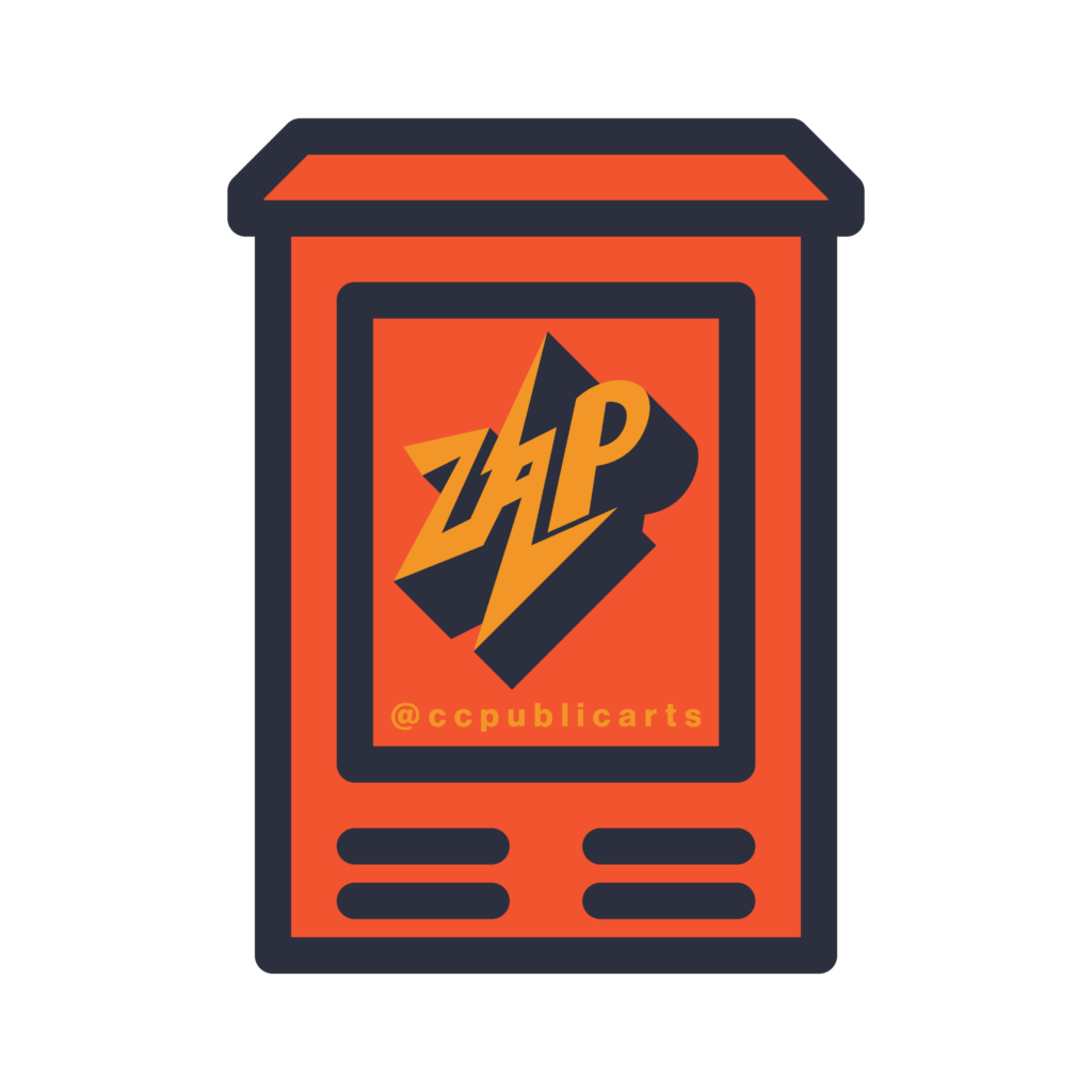 A stylized red and black arcade machine with the word ZAP in bold yellow letters on the screen and @ccpublicarts written below it.