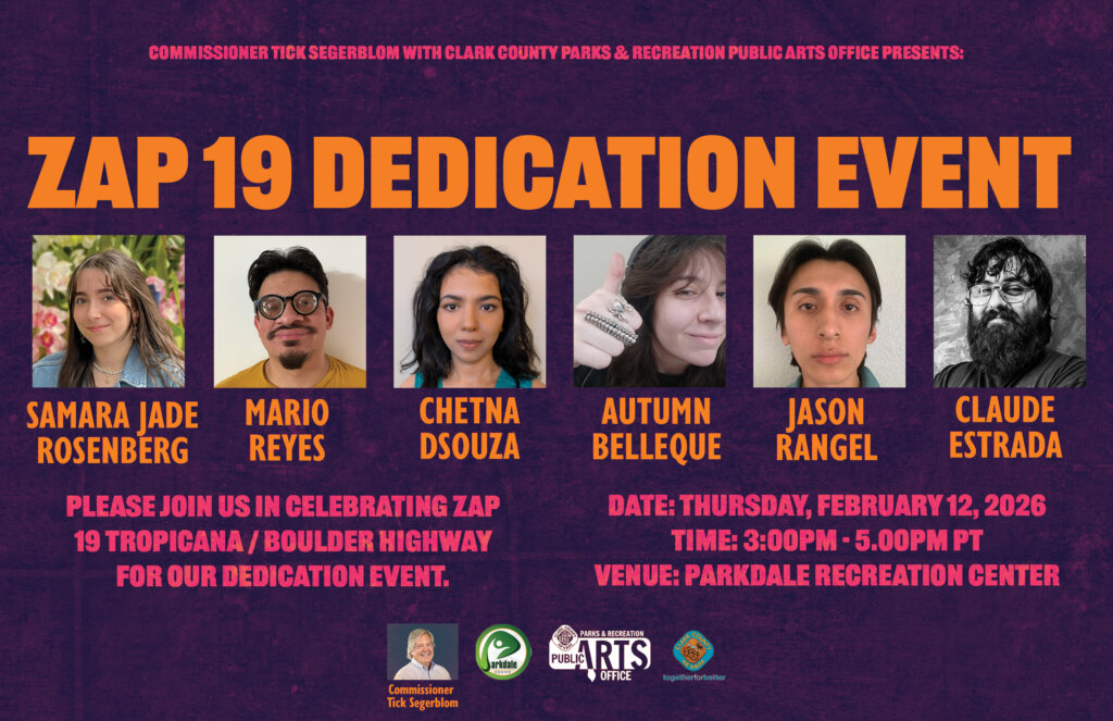 Purple postcard flyer featuring the portraits of 6 featured artists of the Zap 19 reception