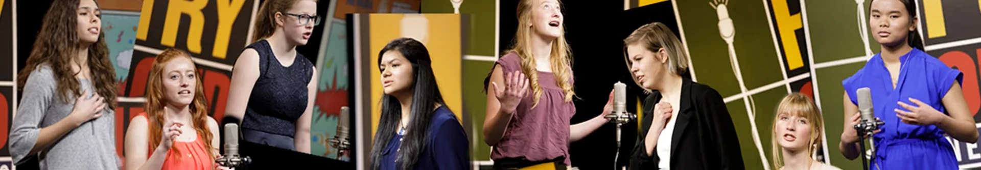 A lineup of diverse young people standing in front of a colorful background, each performing or speaking into a microphone, expressing various emotions.