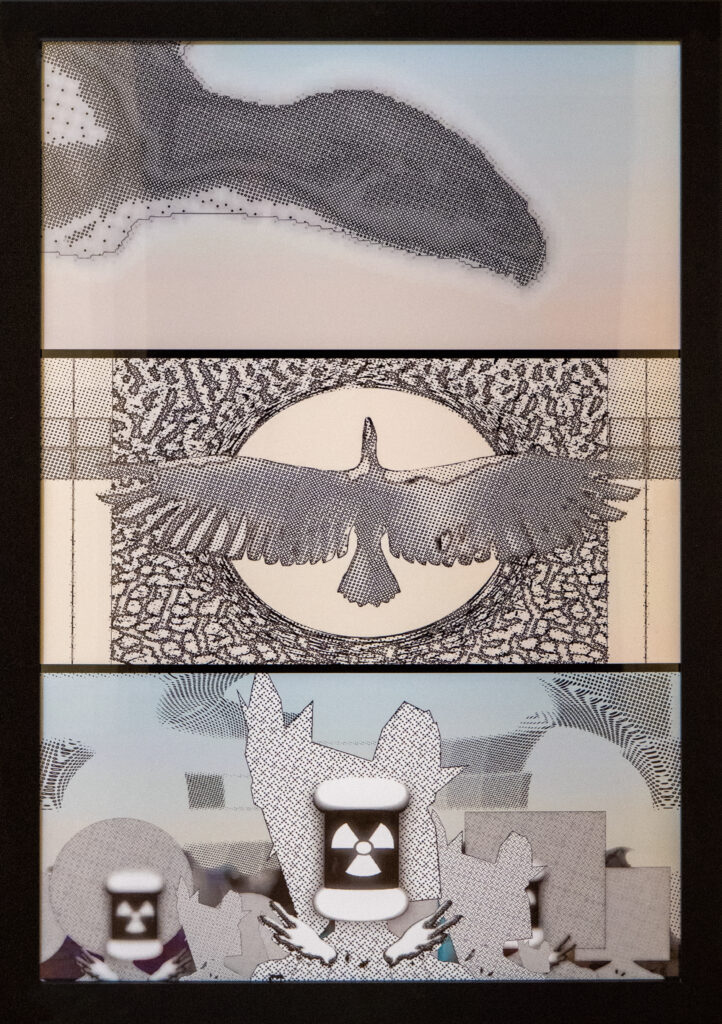 A framed artwork with three panels: a stylized whale at the top, a bird with outstretched wings in the center, and abstract geometric shapes with faces and patterns at the bottom.