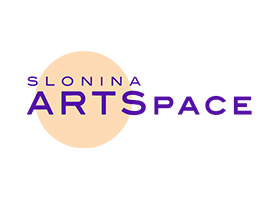 Logo for Slonina ArtSpace with the words SLONINA ARTSPACE in purple, featuring a large peach-colored circle behind the letters ARTS. The background is light grey.