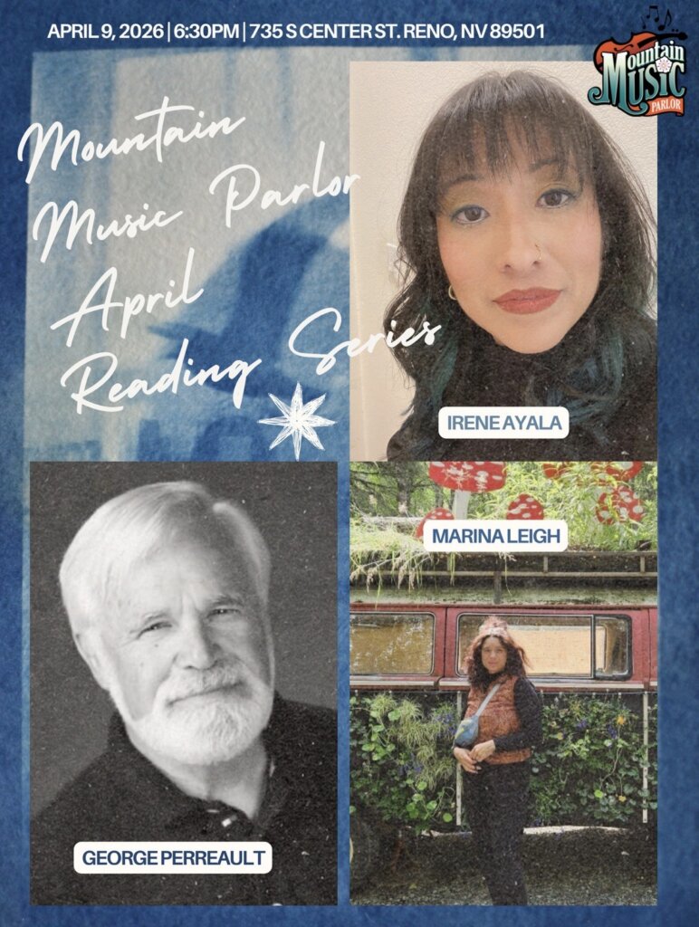 April 9 event poster featuring Mountain Music Parlor logo and three poet portraits on a blue background