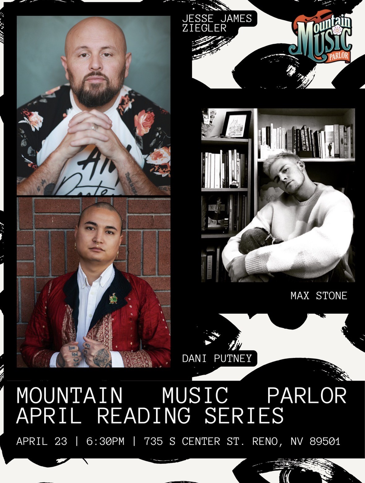Black and white poster with Mountain Music Parlor logo and three poet portraits for April 23rd event