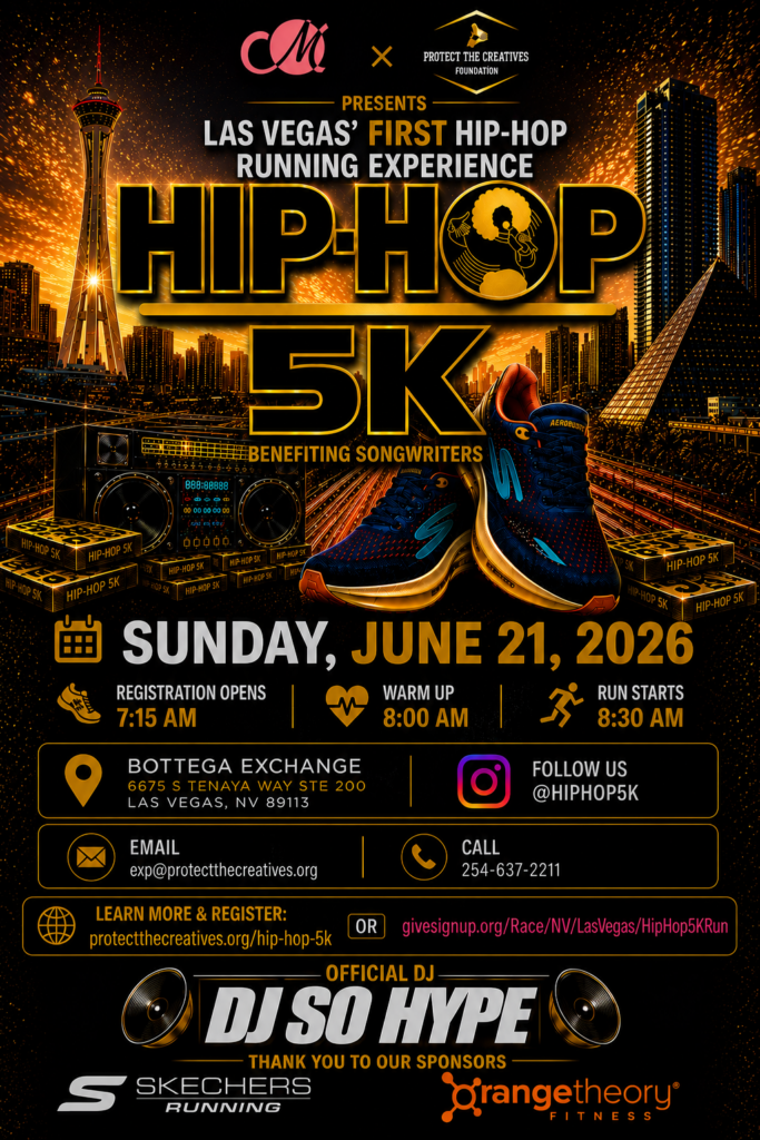 Colorful event flyer for Hip-Hop 5K in Las Vegas on June 21, 2026. Bold gold text, city skyline, sneakers, and vinyl record graphics. Details include location, times, registration, sponsors, and a DJ.