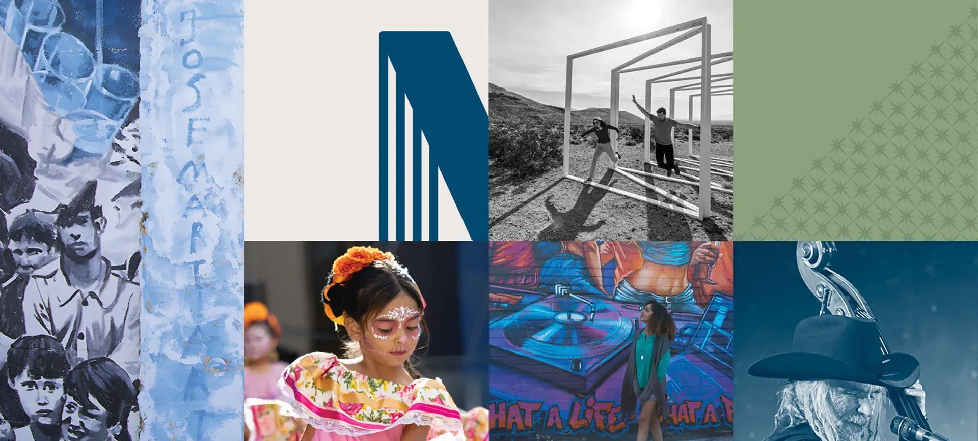 A collage with various scenes: children and abstract art, a large N logo, a person walking through metal frames outdoors, a dancer in traditional dress, a mural, and a person in a hat on a blue background.