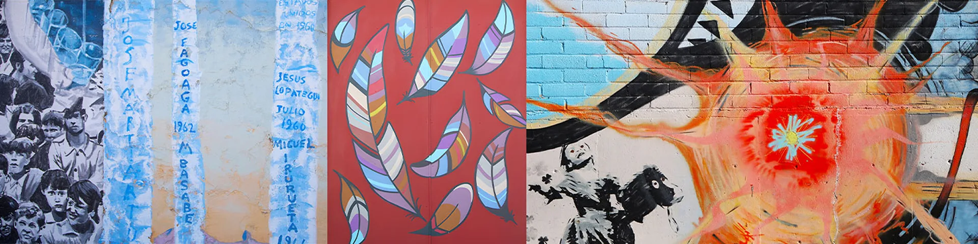 A collage of three murals: black-and-white faces on blue, colorful feathers on red, and an abstract design with bright red and blue accents on white brick.