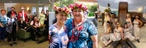 A collage of three photos: a group in costumes indoors, two women in floral headbands smiling outdoors, and a group of people posing around a wooden sculpture near the beach.