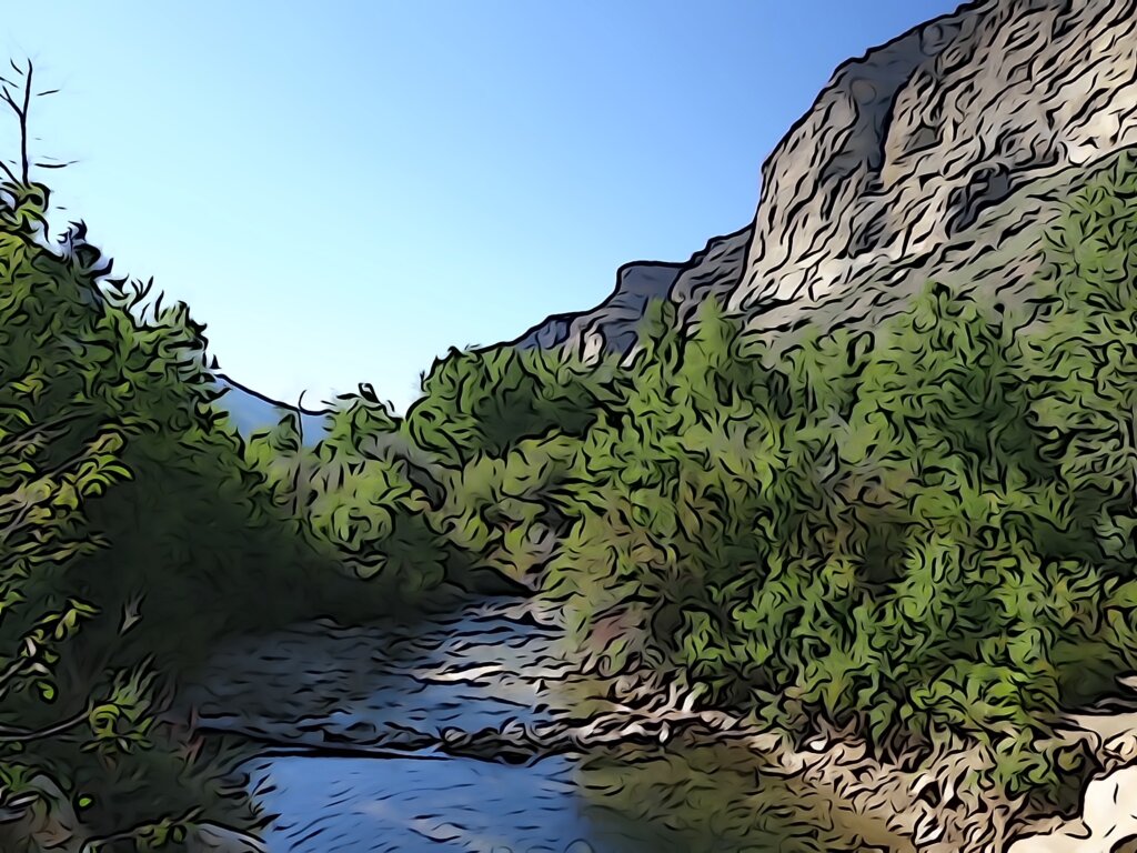 A river flows through a lush, green forest with rocky banks. Tall cliffs rise on the right side under a clear blue sky, creating a peaceful natural landscape. The image has a cartoon or painted effect.